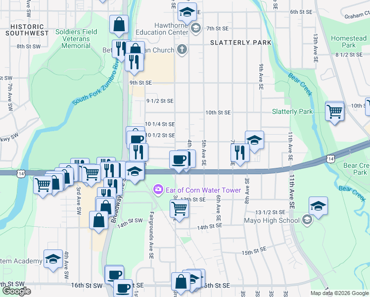 map of restaurants, bars, coffee shops, grocery stores, and more near 1112 3rd Avenue Southeast in Rochester