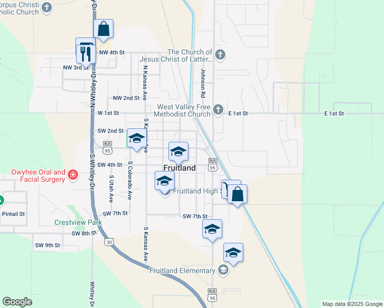 map of restaurants, bars, coffee shops, grocery stores, and more near 218 Southwest 3rd Street in Fruitland