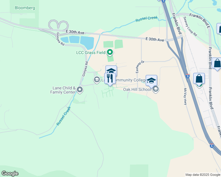 map of restaurants, bars, coffee shops, grocery stores, and more near Gonyea Road in Eugene