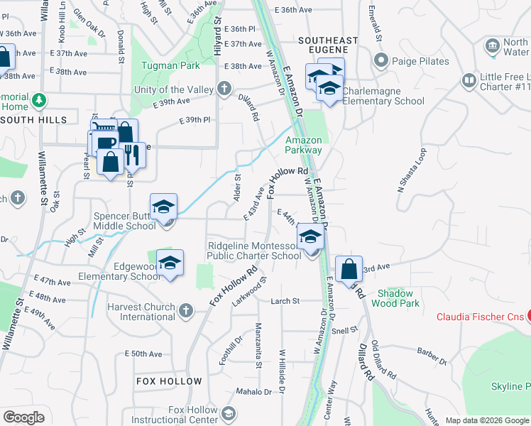 map of restaurants, bars, coffee shops, grocery stores, and more near 870 East 43rd Avenue in Eugene