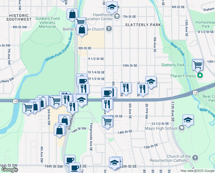 map of restaurants, bars, coffee shops, grocery stores, and more near 1112 3rd Avenue Southeast in Rochester