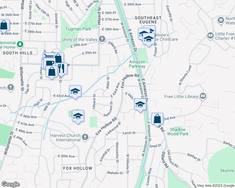 map of restaurants, bars, coffee shops, grocery stores, and more near 870 East 43rd Avenue in Eugene
