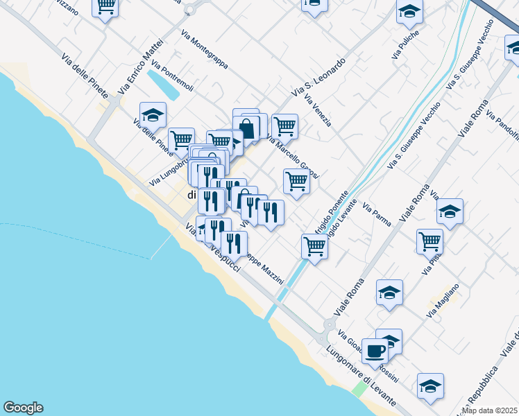 map of restaurants, bars, coffee shops, grocery stores, and more near 528 Via Zolezzi in Marina di Massa