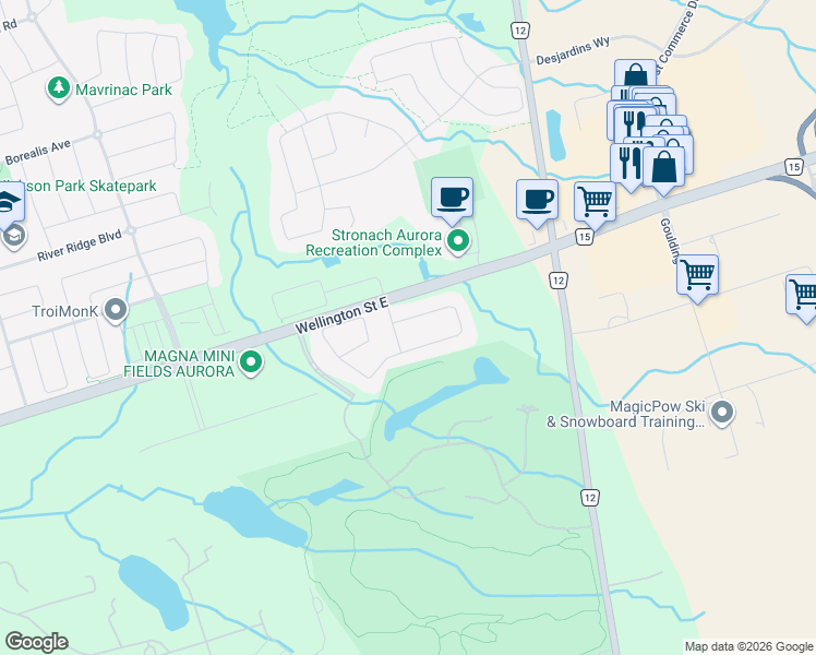 map of restaurants, bars, coffee shops, grocery stores, and more near 211 Touch Gold Crescent in Aurora
