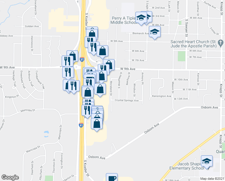 map of restaurants, bars, coffee shops, grocery stores, and more near 1108 Moreland Street in Oshkosh