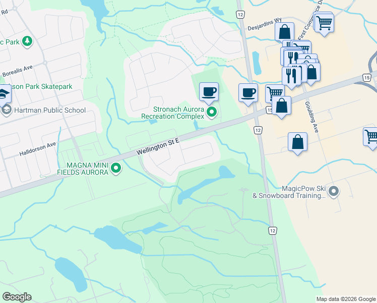 map of restaurants, bars, coffee shops, grocery stores, and more near 211 Touch Gold Crescent in Aurora