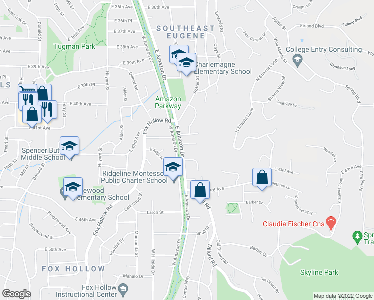 map of restaurants, bars, coffee shops, grocery stores, and more near 4165 East Amazon Drive in Eugene