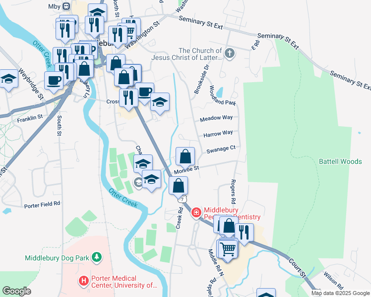 map of restaurants, bars, coffee shops, grocery stores, and more near 20 Overbrook Dr in Middlebury