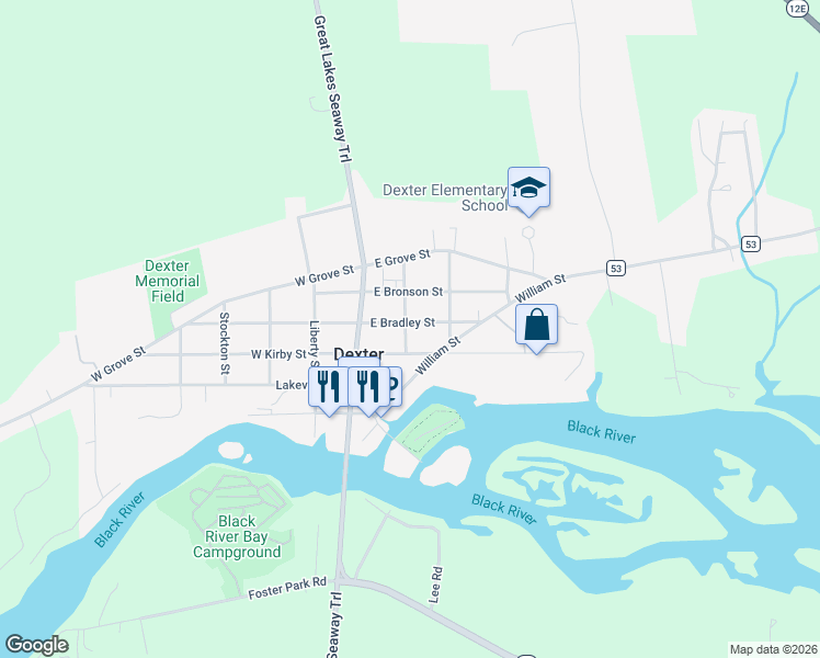 map of restaurants, bars, coffee shops, grocery stores, and more near 202 East Bradley Street in Dexter