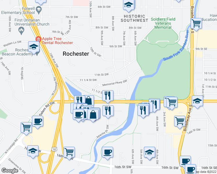 map of restaurants, bars, coffee shops, grocery stores, and more near 816 Memorial Parkway Southwest in Rochester