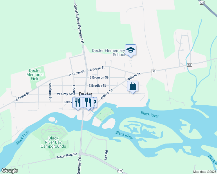 map of restaurants, bars, coffee shops, grocery stores, and more near 220 West Bradley Street in Dexter