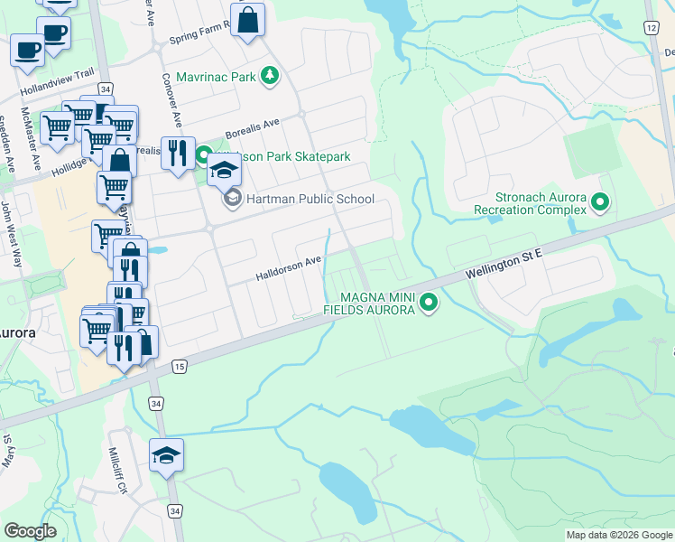 map of restaurants, bars, coffee shops, grocery stores, and more near 52 Fish Drive in Aurora