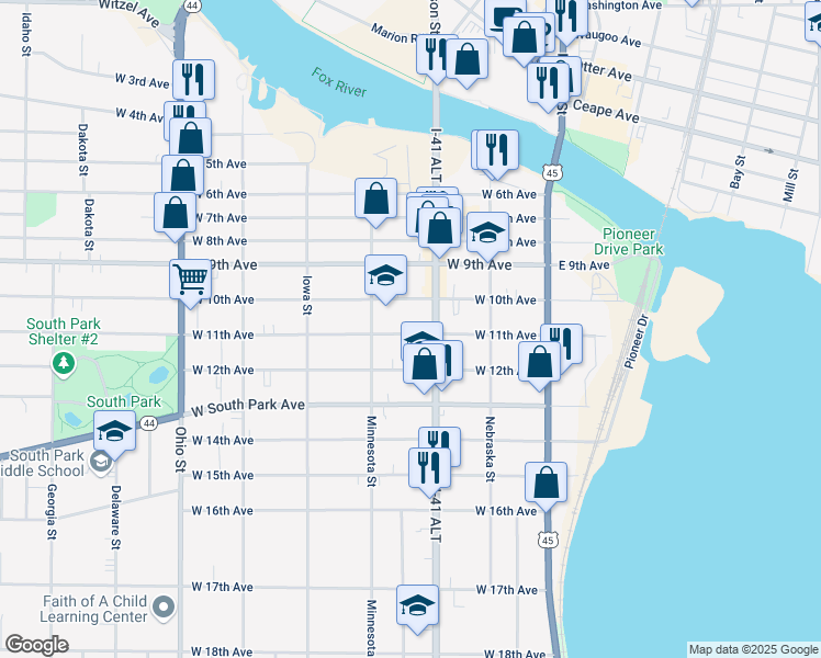 map of restaurants, bars, coffee shops, grocery stores, and more near 222 West 11th Avenue in Oshkosh