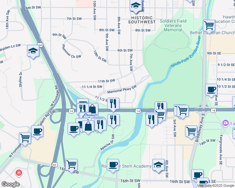 map of restaurants, bars, coffee shops, grocery stores, and more near 816 Memorial Parkway Southwest in Rochester