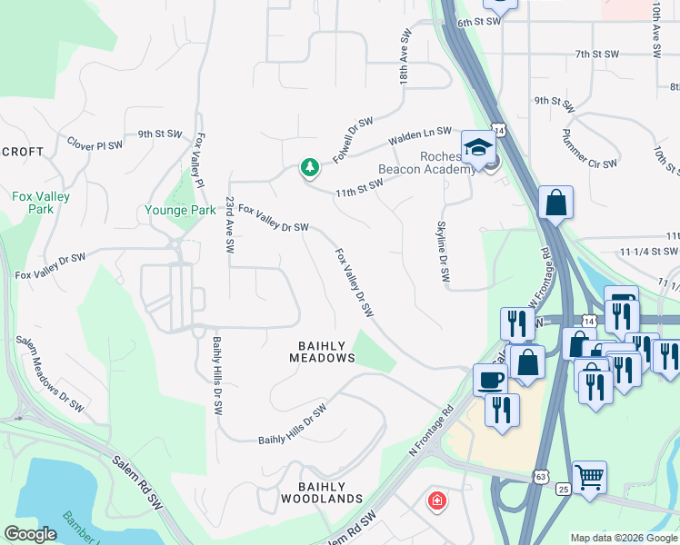 map of restaurants, bars, coffee shops, grocery stores, and more near 2014 Fox Valley Drive Southwest in Rochester