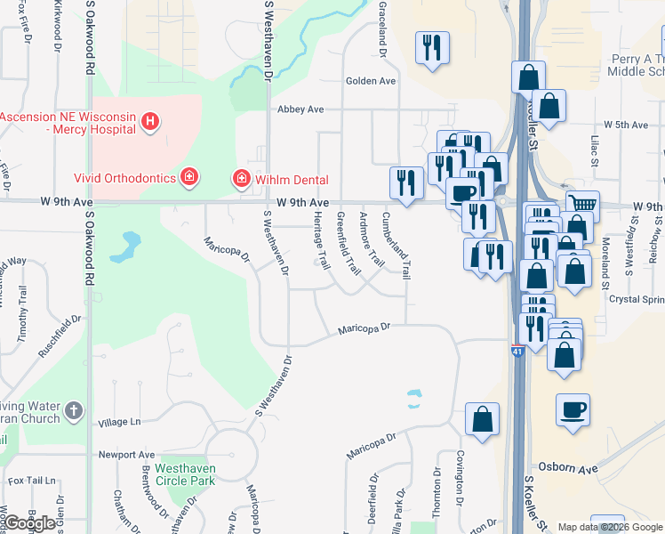 map of restaurants, bars, coffee shops, grocery stores, and more near 1140 Heritage Trail in Oshkosh