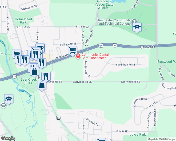 map of restaurants, bars, coffee shops, grocery stores, and more near 2343 Tee Time Road Southeast in Rochester