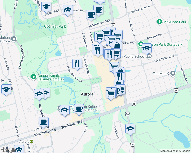 map of restaurants, bars, coffee shops, grocery stores, and more near 111 Civic Square Gate in Aurora