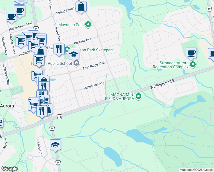 map of restaurants, bars, coffee shops, grocery stores, and more near 20 Mavrinac Boulevard in Aurora