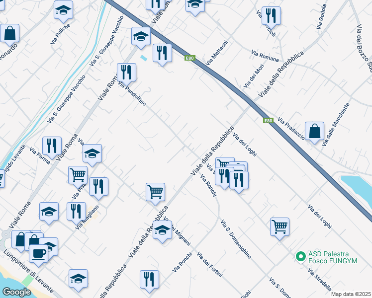 map of restaurants, bars, coffee shops, grocery stores, and more near 218 Via Pandolfino in Massa