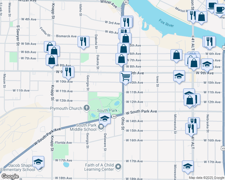 map of restaurants, bars, coffee shops, grocery stores, and more near 634 West 11th Avenue in Oshkosh