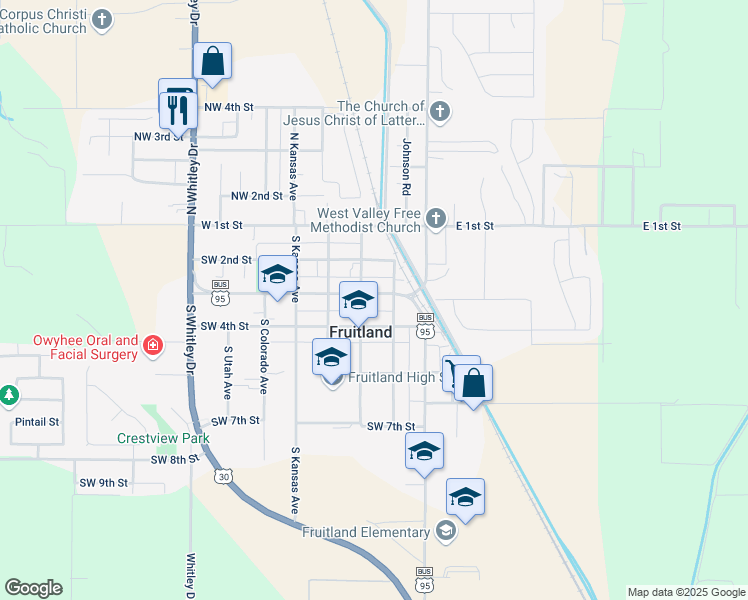 map of restaurants, bars, coffee shops, grocery stores, and more near 218 Southwest 3rd Street in Fruitland