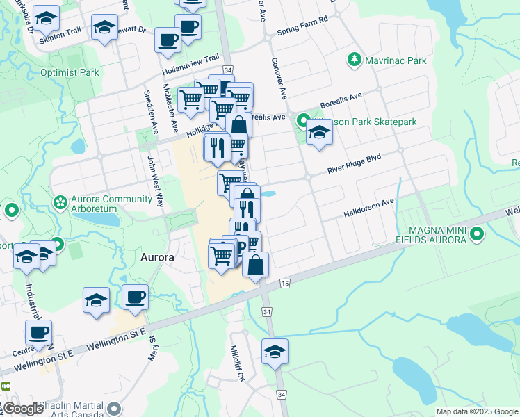 map of restaurants, bars, coffee shops, grocery stores, and more near in Aurora