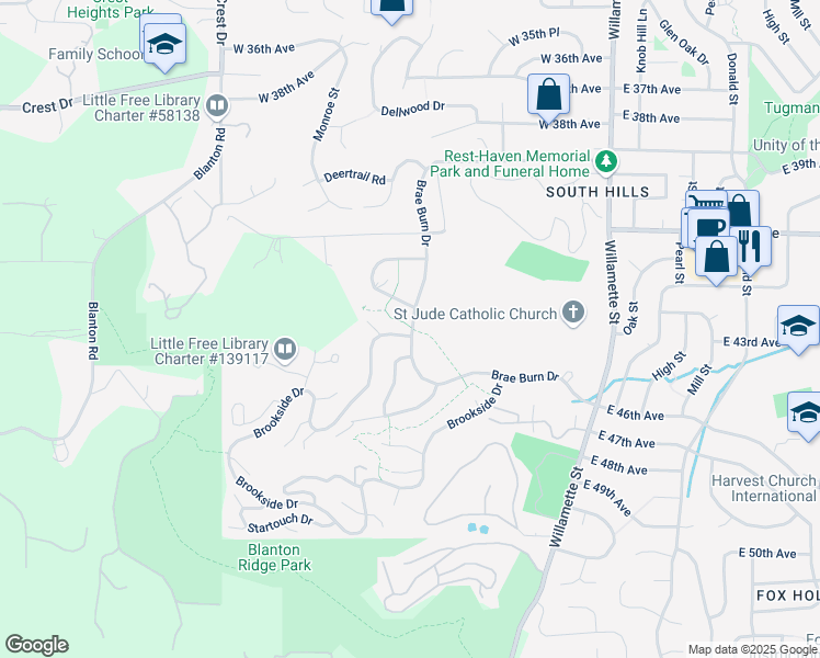 map of restaurants, bars, coffee shops, grocery stores, and more near 4210 Edgewood Path #2 in Eugene