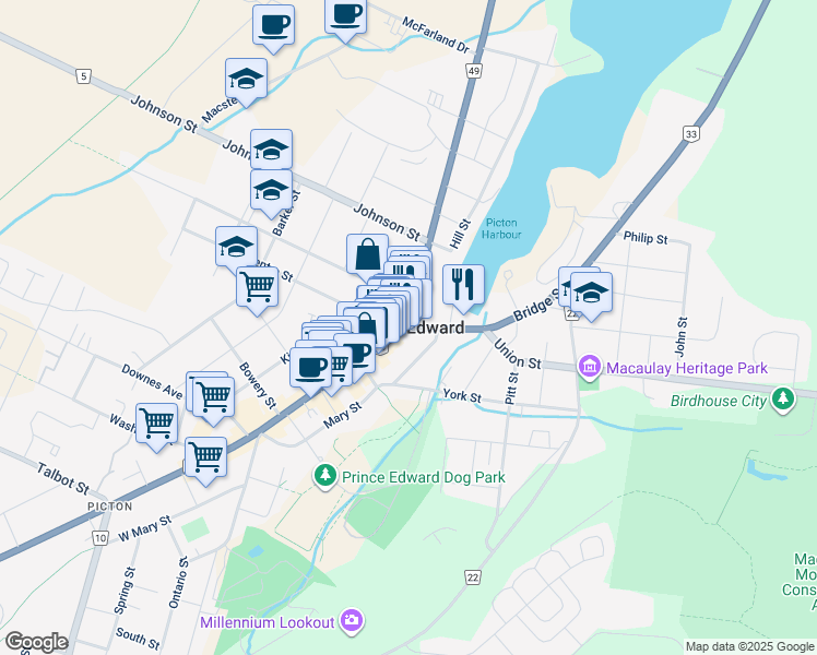map of restaurants, bars, coffee shops, grocery stores, and more near in Prince Edward