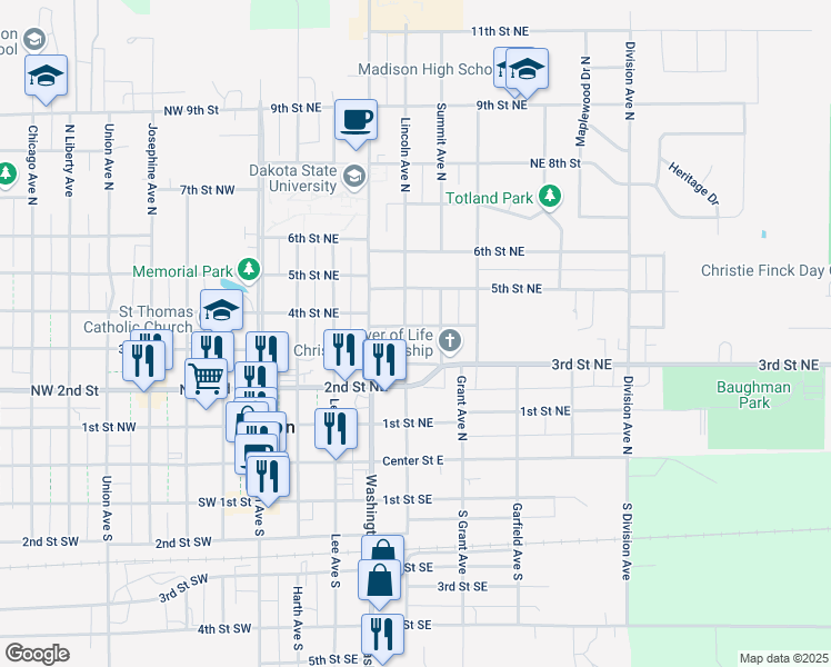 map of restaurants, bars, coffee shops, grocery stores, and more near 401-499 Lincoln Ave N in Madison