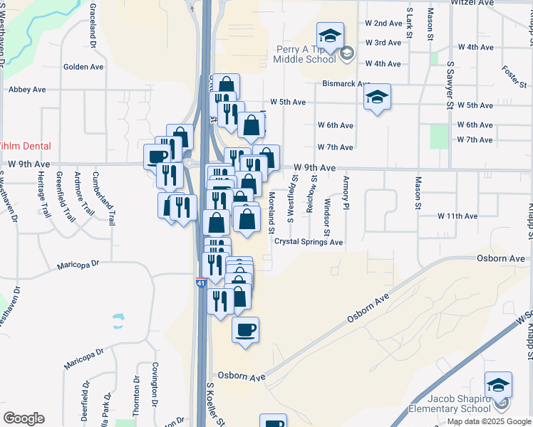 map of restaurants, bars, coffee shops, grocery stores, and more near 1108 Moreland Street in Oshkosh