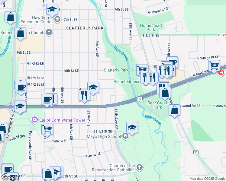 map of restaurants, bars, coffee shops, grocery stores, and more near 1007 11 1/2 Street Southeast in Rochester