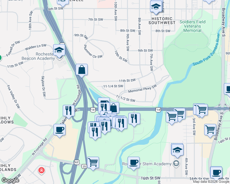 map of restaurants, bars, coffee shops, grocery stores, and more near 909 11 1/2 Street Southwest in Rochester