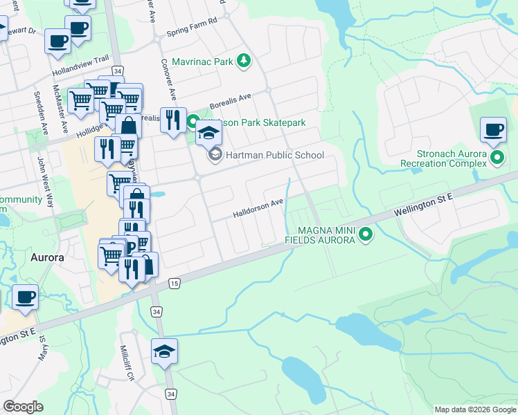 map of restaurants, bars, coffee shops, grocery stores, and more near 78 Halldorson Avenue in Aurora