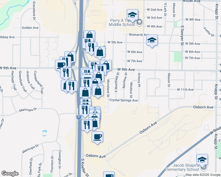 map of restaurants, bars, coffee shops, grocery stores, and more near 1108 Moreland Street in Oshkosh