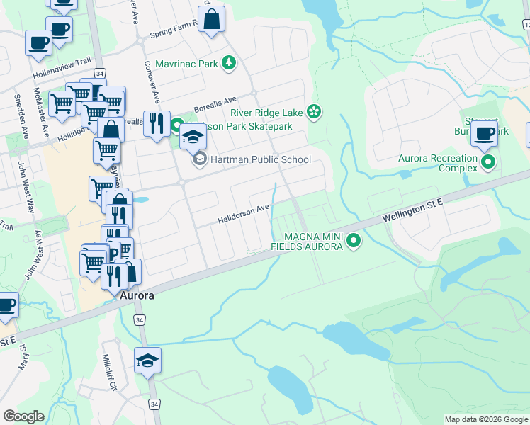 map of restaurants, bars, coffee shops, grocery stores, and more near 20 Mavrinac Boulevard in Aurora