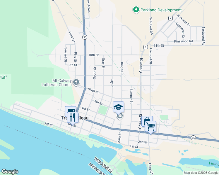 map of restaurants, bars, coffee shops, grocery stores, and more near 24321 7th Street in Trempealeau