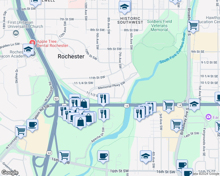 map of restaurants, bars, coffee shops, grocery stores, and more near 808 Memorial Parkway Southwest in Rochester