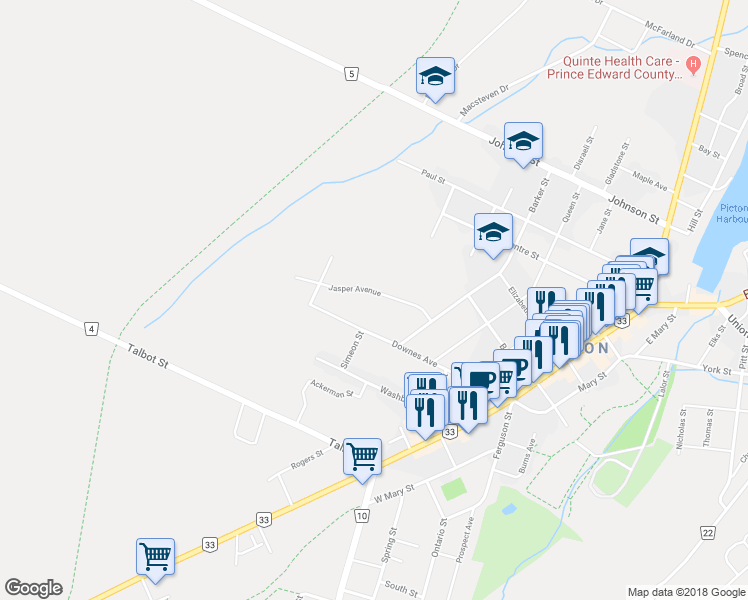 map of restaurants, bars, coffee shops, grocery stores, and more near 19 Jasper Avenue in Prince Edward