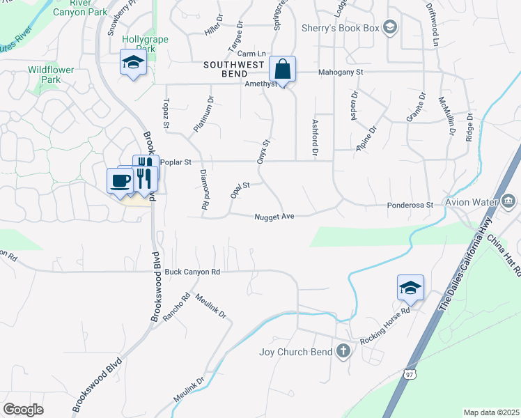 map of restaurants, bars, coffee shops, grocery stores, and more near 19719 Nugget Avenue in Bend