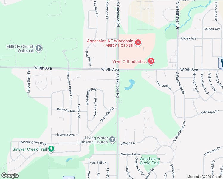 map of restaurants, bars, coffee shops, grocery stores, and more near 1101 South Oakwood Road in Oshkosh