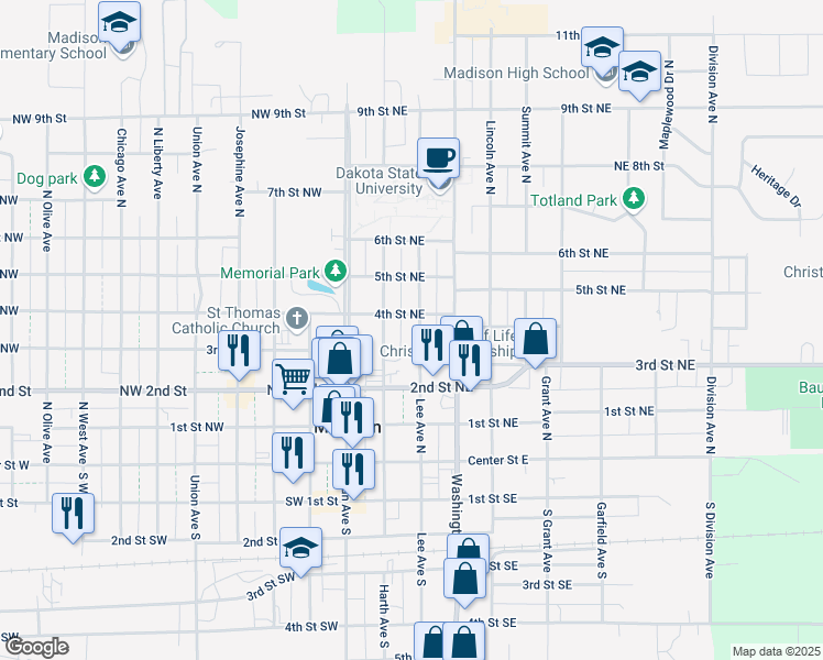 map of restaurants, bars, coffee shops, grocery stores, and more near 415 Lee Avenue North in Madison