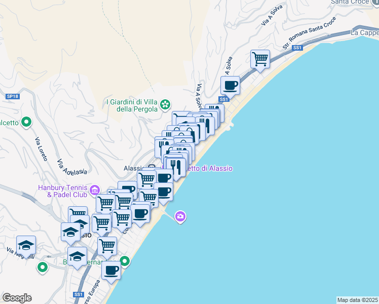 map of restaurants, bars, coffee shops, grocery stores, and more near 33 Piazza Partigiani in Alassio