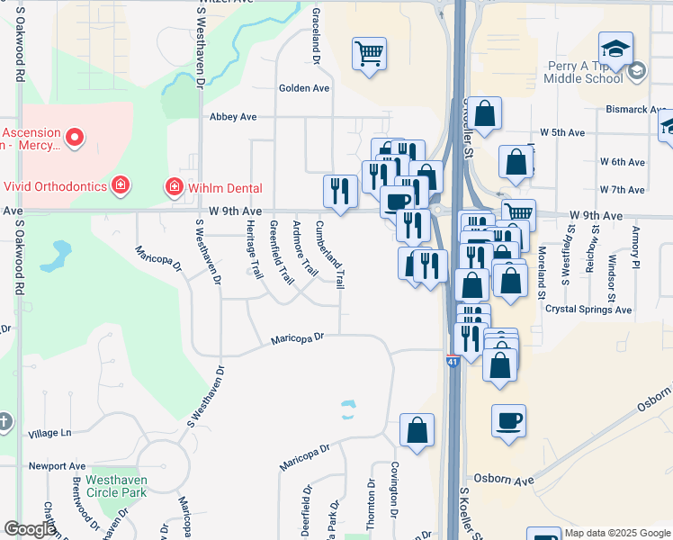 map of restaurants, bars, coffee shops, grocery stores, and more near 1000 Cumberland Trail in Oshkosh