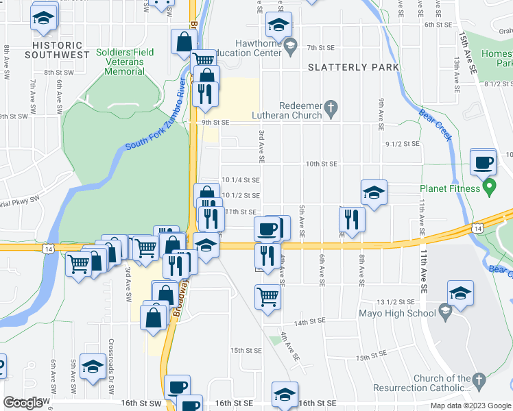 map of restaurants, bars, coffee shops, grocery stores, and more near 1112 3rd Avenue Southeast in Rochester