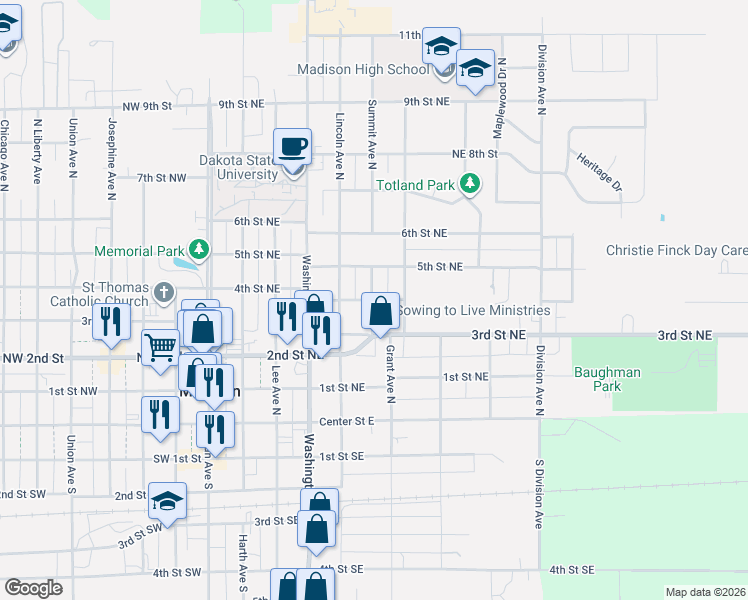 map of restaurants, bars, coffee shops, grocery stores, and more near 607 4th Street Northeast in Madison