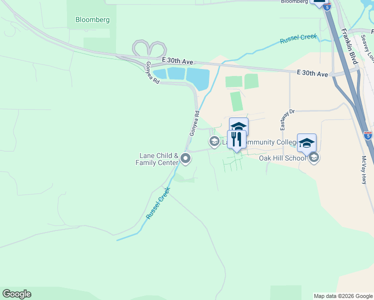 map of restaurants, bars, coffee shops, grocery stores, and more near Gonyea Road in Eugene