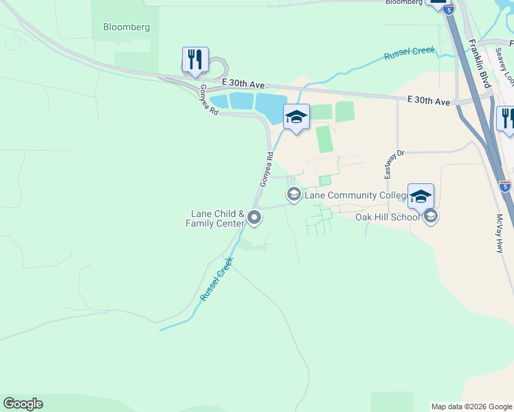 map of restaurants, bars, coffee shops, grocery stores, and more near Gonyea Road in Eugene