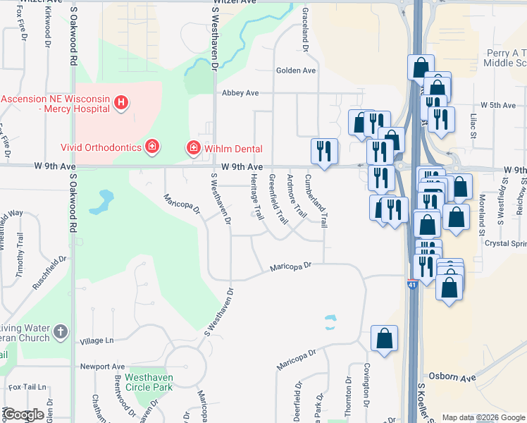 map of restaurants, bars, coffee shops, grocery stores, and more near 1140 Heritage Trail in Oshkosh