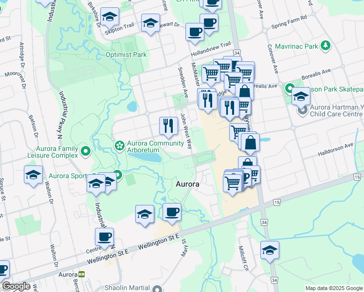 map of restaurants, bars, coffee shops, grocery stores, and more near 65 Ochalski Road in Aurora